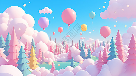 抽象梦幻的卡通森林上空飞着热气球图片
