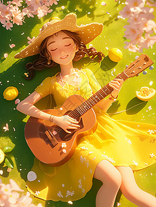 穿黄色连衣裙的卡通女孩躺在草丛中开心弹吉他图片