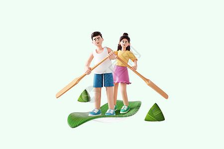C4D端午节粽子3d男孩女孩一起划船形象图片