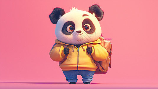 时尚青年穿着时尚黄色上衣背着包的卡通大熊猫插画