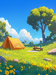 绿色山坡上一个黄色可爱卡通小帐篷图片