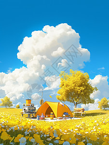 一片黄色花海中一个黄色卡通小帐篷图片