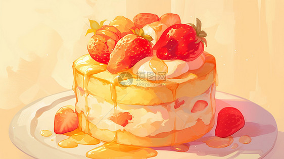 流着美味的果酱的卡通草莓蛋糕图片