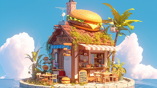 房顶上有大汉堡的卡通汉堡店图片