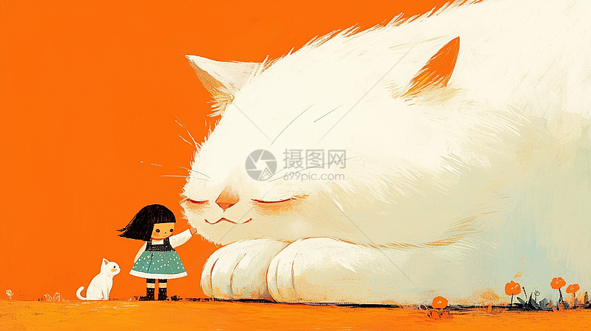 在大白猫身旁的可爱卡通小女孩图片
