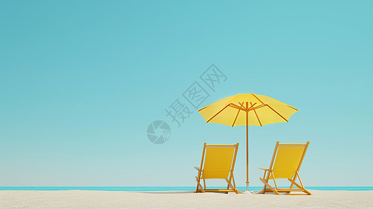 蓝色唯美的天空下一把黄色卡通遮阳伞与两把休闲椅图片