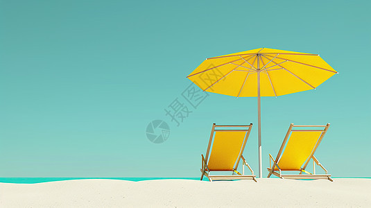 蓝色的天空下一把黄色卡通遮阳伞与两把休闲椅图片