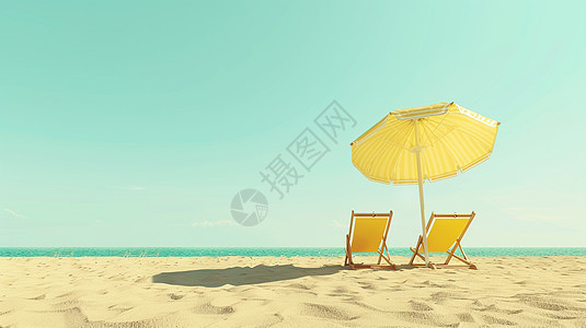 蓝色唯美的天空下一把 卡通遮阳伞与两把休闲椅背景图片