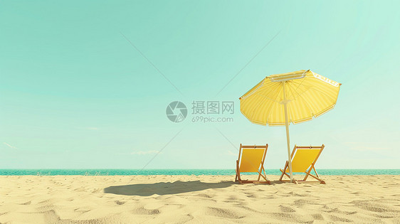 蓝色唯美的天空下一把 卡通遮阳伞与两把休闲椅图片