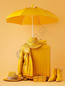 黄色旅行箱上放着一把黄色卡通遮阳伞图片
