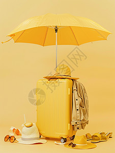 黄色旅行箱上放着黄色卡通遮阳伞图片