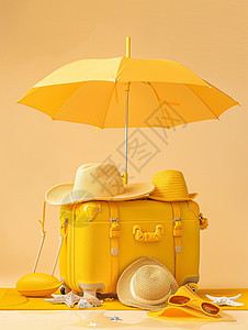 黄色行李箱上放着一把黄色卡通遮阳伞图片