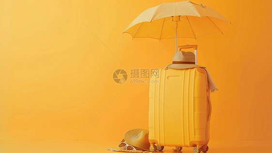 大大的黄色卡通旅行箱和度假用品图片