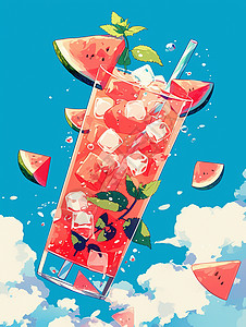 在蓝色天空中一杯美味的卡通西瓜汁图片