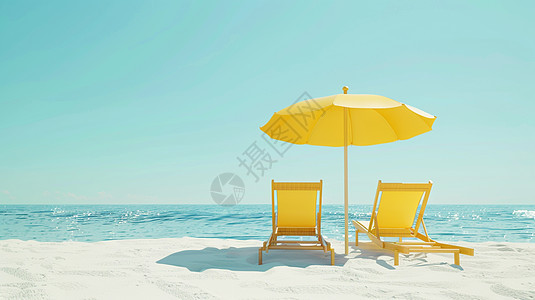 金黄色的沙滩上一把大大的遮阳伞下放着休闲椅图片
