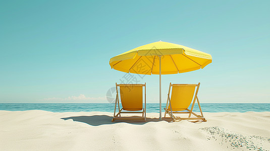 黄色的沙滩上一把大大的遮阳伞下放着休闲椅图片