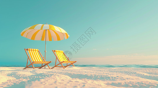 金黄色的沙滩上一把 遮阳伞下放着休闲椅图片