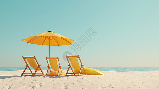 金黄色的沙滩上一把大大的遮阳伞下有一把休闲椅图片