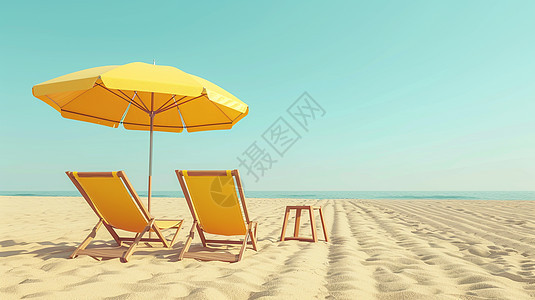 黄色的沙滩上一把大大的遮阳伞下 有一把休闲椅图片