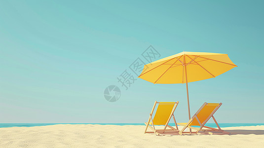 金黄色的沙滩上一把大的遮阳伞下放着休闲椅图片