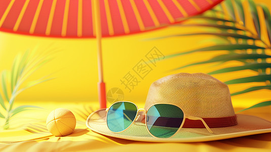 草帽墨镜与雨伞度假休闲场景图片