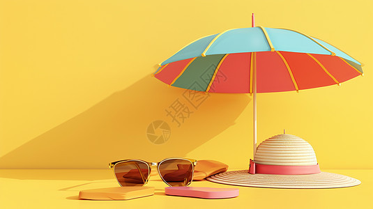 草帽墨镜与遮阳伞度假休闲场景图片