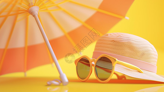 一顶草帽墨镜与雨伞度假休闲场景图片