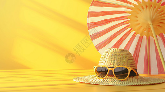 一顶草帽墨镜和雨伞度假休闲场景图片