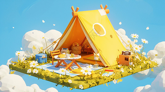 黄色露营帐篷在开满小雏菊花朵的草丛中图片