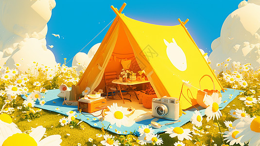 黄色露营帐篷在开满小雏菊的草丛中图片