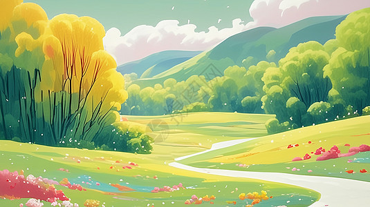 漫山遍野的绿色一条通往远处唯美的卡通乡间路图片