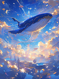 在空中遨游的卡通巨大鲸鱼图片
