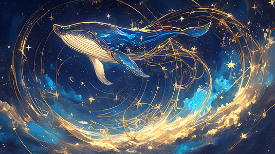 飞游在大海上被金光闪闪的卡通鲸鱼图片