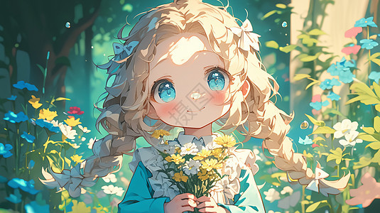 花丛中一个大大的眼睛乖巧可爱的卡通小女孩图片