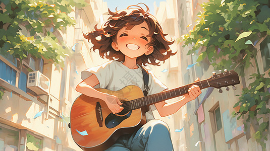 开心弹吉他的可爱卡通女孩图片