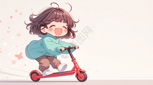 身穿蓝色上衣开心骑着电动滑板车的可爱卡通小女孩图片