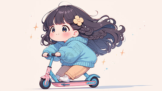 穿蓝色上衣开心骑着电动滑板车的可爱卡通小女孩图片
