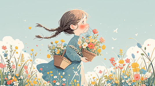 穿着蓝色连衣裙抱一竹筐花朵的可爱卡通小女孩图片
