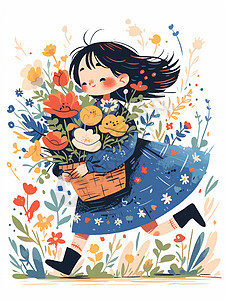 穿着蓝色连衣裙抱着一竹筐花朵的可爱卡通女孩图片