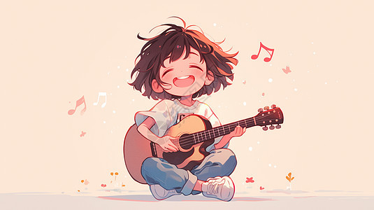 抱着吉他开心弹奏的可爱卡通小女孩图片