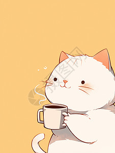 正在喝咖啡的卡通小白猫图片