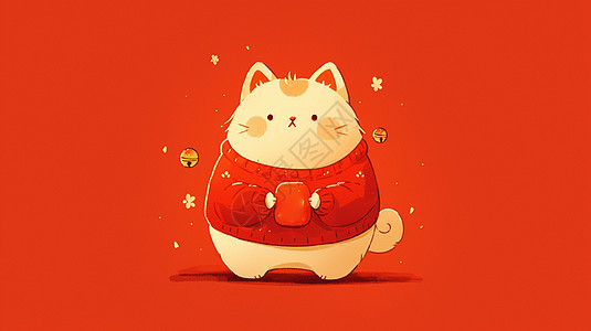 穿着红毛衣的卡通小白猫图片