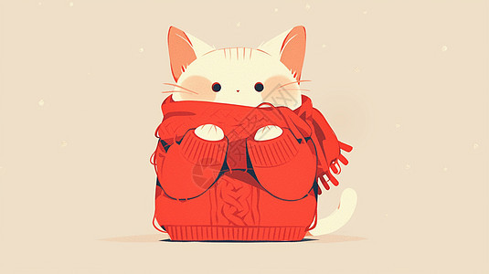 穿着红毛衣的可爱卡通小白猫图片