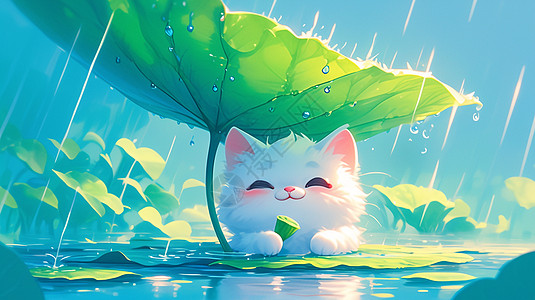雨中在荷叶下躲雨的 卡通小白猫高清图片