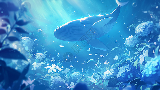 在深蓝色花海中游泳的卡通鲸鱼图片