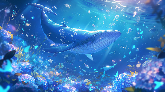 在深蓝色海中游泳的卡通鲸鱼插画