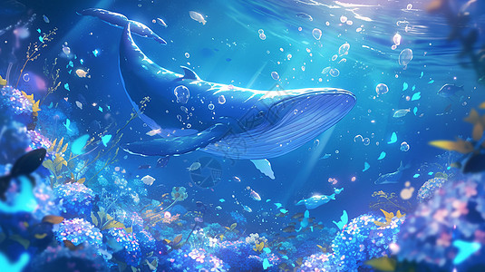 在深蓝色海中游泳的卡通鲸鱼图片