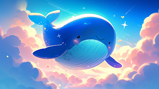 夜晚飞在云朵上的卡通鲸鱼图片