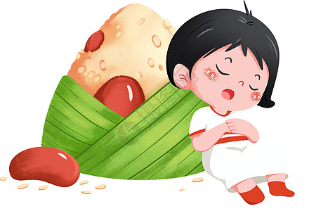 屈原端午节女孩吃糯米红豆蜜枣粽子插画