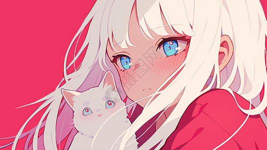 白头发大眼睛漂亮的卡通女孩与她的宠物猫图片